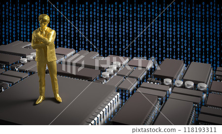 The gold man on pcb board for business or technology concept 3d rendering. The gold man on pcb board for business or technology concept 3d rendering. 118193311