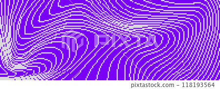 Purple dithered curved wavy texture. Grey violet pixelated glitch lines background. Digitalized distorted stripes for banner, poster, flyer, booklet. Abstract rasterized overlay wallpaper. Vector 118193564