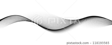Dotted wave line pattern. Black halftone undulate net background. Abstract stipple particle flow wallpaper. Curved dashed gradient element for poser, banner, presentation, booklet, flyer. Vector Dotted wave line pattern. Black halftone undulate net background. Abstract stipple particle flow wallpaper. Curved dashed gradient element for poser, banner, presentation, booklet, flyer. Vector 118193565