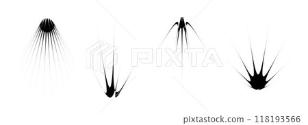Black thin spiky thorn element set. Abstract sharp shapes and angular sparks bundle. Spooky spokes objects for poster design, flyer, collage, banner, badge, logo, card, icon, label, sticker. Vector 118193566