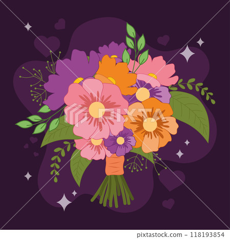 Colorful flower bouquet with leaves on dark background Vector Colorful flower bouquet with leaves on dark background Vector 118193854