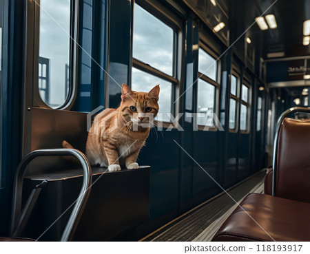 The cat is traveling on the train. AI generated. 118193917