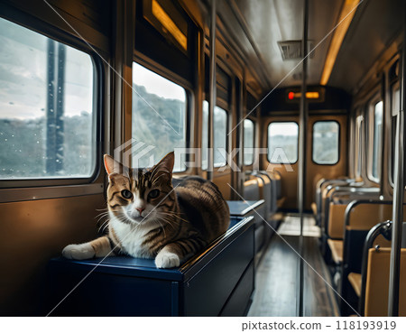 The cat is traveling on the train. AI generated. 118193919