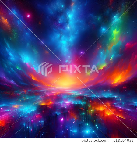 A captivating nightscape filled with an explosion of neon colors.  118194055