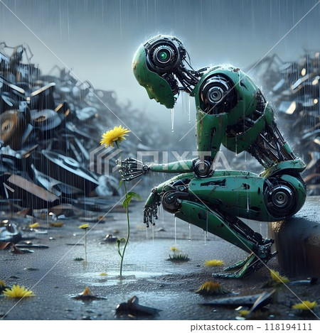 A charming green ai robot kneels in the rain to observe a yellow flowering plant. 118194111