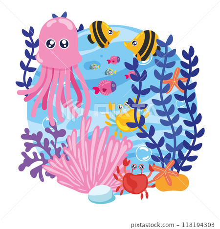 Cute squid with sea creatures in ocean scene Vector 118194303