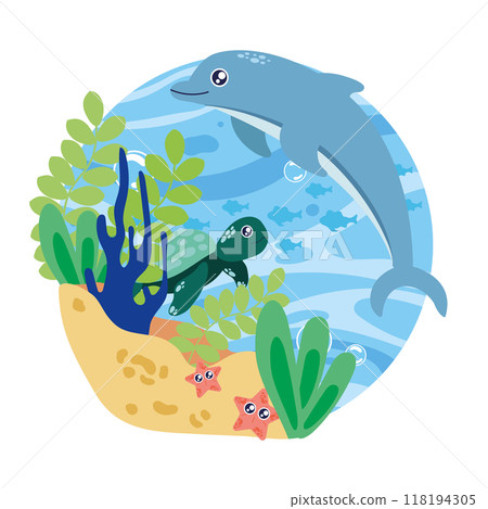Cute dolphin with sea creatures in ocean scene Vector Cute dolphin with sea creatures in ocean scene Vector 118194305