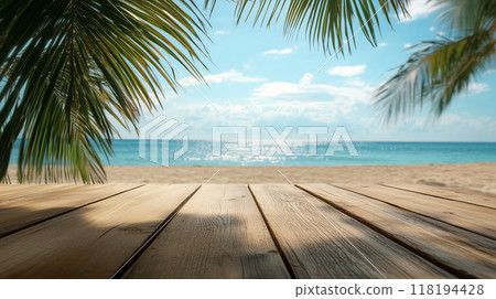 Wooden product display table mockup with realistic AI-generated image of beautiful blue beach and palm leaves Wooden product display table mockup with realistic AI-generated image of beautiful blue beach and palm leaves 118194428