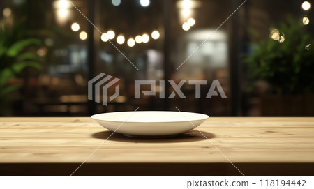 A realistic AI-generated mockup of a white plate on a wooden table in a cafe at night 118194442