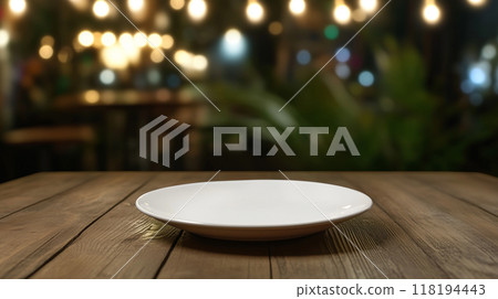 A realistic AI-generated mockup of a white plate on a wooden table in a cafe at night 118194443