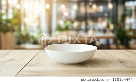 A realistic AI-generated mockup of a white plate on a wooden table in a cafe during the day 118194444