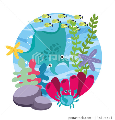 Cute stingray with sea creatures in ocean scene Vector Cute stingray with sea creatures in ocean scene Vector 118194541