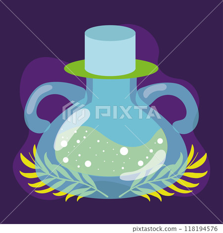 Potion bottle with glowing liquid on purple background Vector Potion bottle with glowing liquid on purple background Vector 118194576