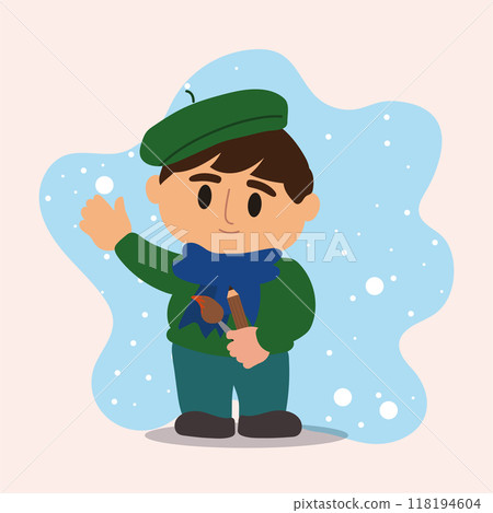 Cartoon artist with paintbrush and pencil in hand, Vector 118194604