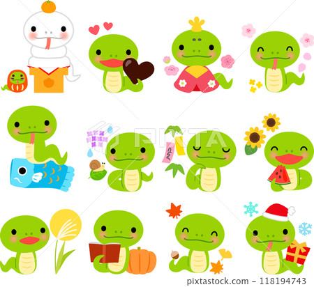 Illustrations of events for the 12 months of the year of the snake Illustrations of events for the 12 months of the year of the snake 118194743