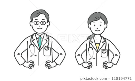 Upper body illustration of male and female doctors showing confidence with their hands on their hips 118194771