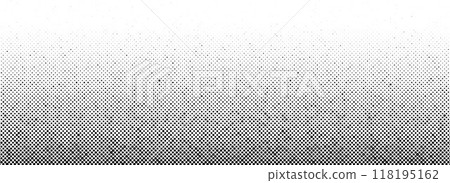 Grunge halftone gradient background. Faded grit noise texture. Black sand particle wallpaper. Retro pop art pixel backdrop. Anime or manga comic overlay. Vector dots and speckles textured template 118195162