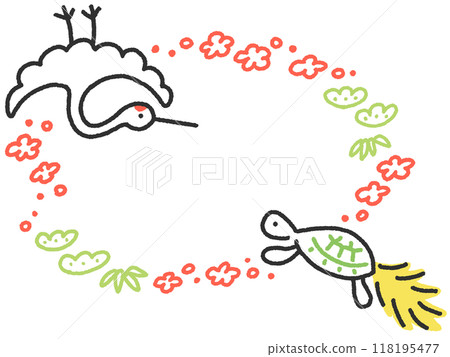 Cute oval frame of hand-drawn crane, turtle, pine, bamboo, and plum New Year's material 118195477