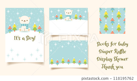 一套嬰兒送禮會邀請函、便條卡和冬季無縫圖案 118195762