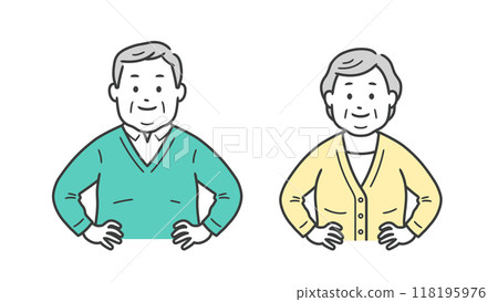 上半身插圖是一位稍微超重的老年男女,他們把手放在臀部上,表現出自信 上半身插圖是一位稍微超重的老年男女,他們把手放在臀部上,表現出自信 118195976