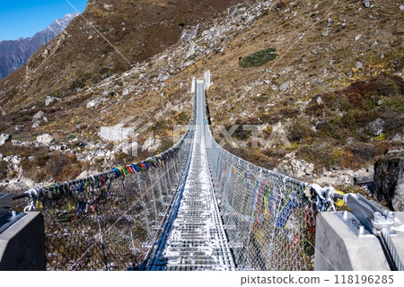 A metal bridge for crossing Langtang Khola river a river coming from the south flows down along the Langtang trekking route, Nepal. A metal bridge for crossing Langtang Khola river a river coming from the south flows down along the Langtang trekking route, Nepal. 118196285