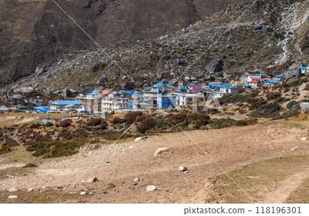 View of Kyanjin Gompa the end of the Langtang Valley Trek in Nepal 118196301