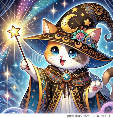 Halloween anime-style illustration: Calico cat dressed as a witch 2 118196391