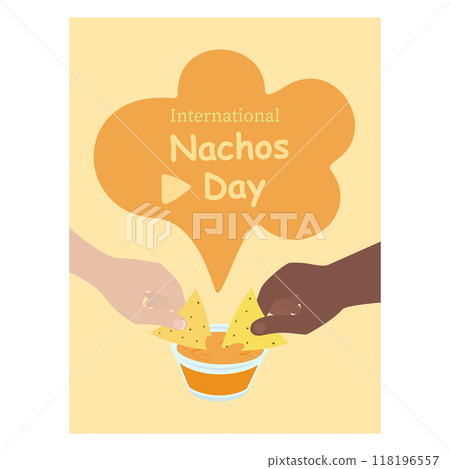 Nachos Day inscription Leaflet design concept with human hands dipping Mexican chips in cheese sauce 118196557