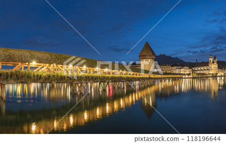 Lucerne (Luzern) Switzerland night city skyline at Chapel Bridge Lucerne (Luzern) Switzerland night city skyline at Chapel Bridge 118196644