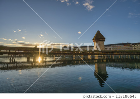 Lucerne (Luzern) Switzerland sunrise city skyline at Chapel Bridge 118196645