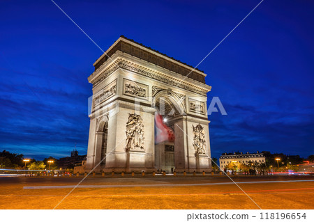 Paris France, city skyline night at Arc de Triomphe and Champs Elysees Paris France, city skyline night at Arc de Triomphe and Champs Elysees 118196654
