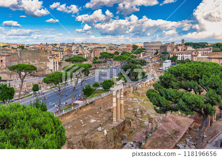Rome Italy, high angle view city skyline at Roman Forum and Rome Colosseum 118196656