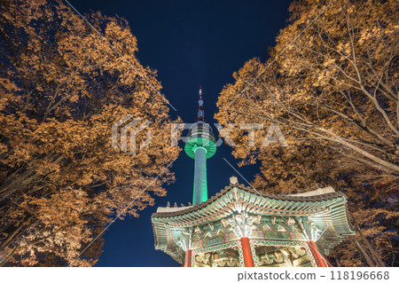 Seoul South Korea night at Namsan Mountain with Palgakjeong Pavilion and tower 118196668