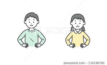 Upper body illustration of a boy and girl showing confidence with their hands on their hips 118196760