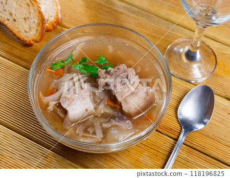 Shchi soup with beef served in bowl 118196825