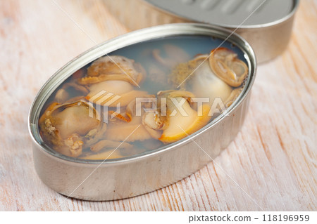 Natural canned molluscs in tin can Natural canned molluscs in tin can 118196959
