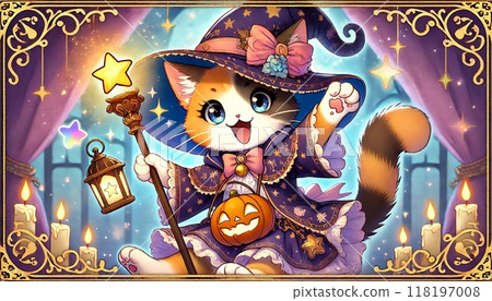Halloween anime-style illustration: Calico cat dressed as a witch 10 Halloween anime-style illustration: Calico cat dressed as a witch 10 118197008
