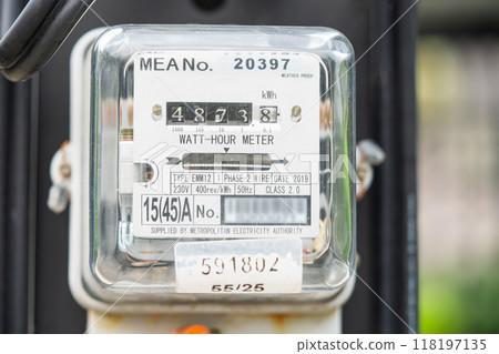 Electric measuring power meter for energy cost at home and office. 118197135