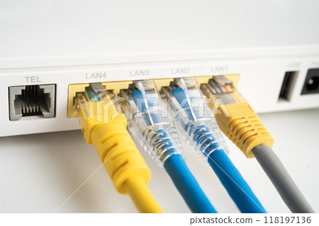 Ethernet cable with wireless router connect to internet service provider internet network. 118197136