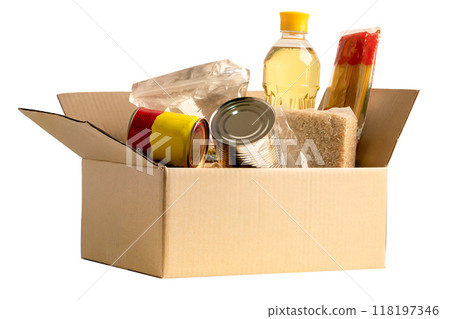 Foodstuff for donation isolated on white background with clipping path, storage and delivery. Various food, pasta, cooking oil and canned food in cardboard box. Foodstuff for donation isolated on white background with clipping path, storage and delivery. Various food, pasta, cooking oil and canned food in cardboard box. 118197346
