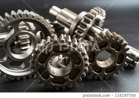 Gear and cogs wheels, clock mechanism, brass metal engine industrial. 118197350