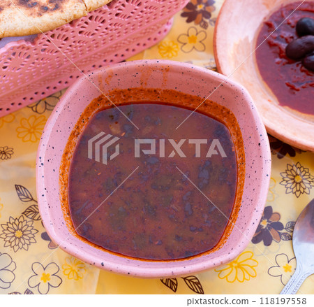 Chorba frik with lamb - traditional soup closeup, Tunisian cuisine 118197558