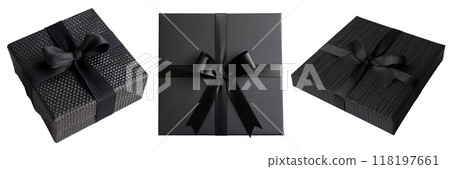 Set of isolated black gift boxes with black ribbon, closed box lid on a transparent background for Black Friday sales or celebration events. Front, top and isometric view. AI generated. 118197661