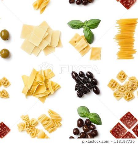 Italian pasta ingredients with fresh basil arrangement for culinary inspiration 118197726