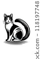 Monotone image of a Japanese Bobtail cat. Its short tail is a symbol of good fortune. 118197748
