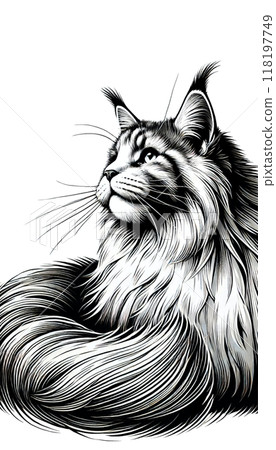 Monotone image of an American Maine Coon, known for its large size and bushy tail. 118197749