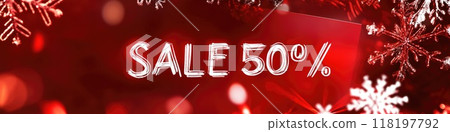 Festive new year sale background with snowflakes and 50 percent discount offer 118197792