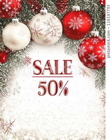 Festive new year sale background with decorative ornaments and 50 percent discount offer 118197793