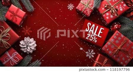 Festive new year sale background with gift boxes and 25 percent discount text 118197796