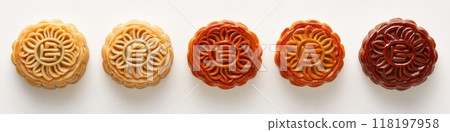 Ultra realistic autumn festival mooncakes displayed in a row for holiday celebration 118197958